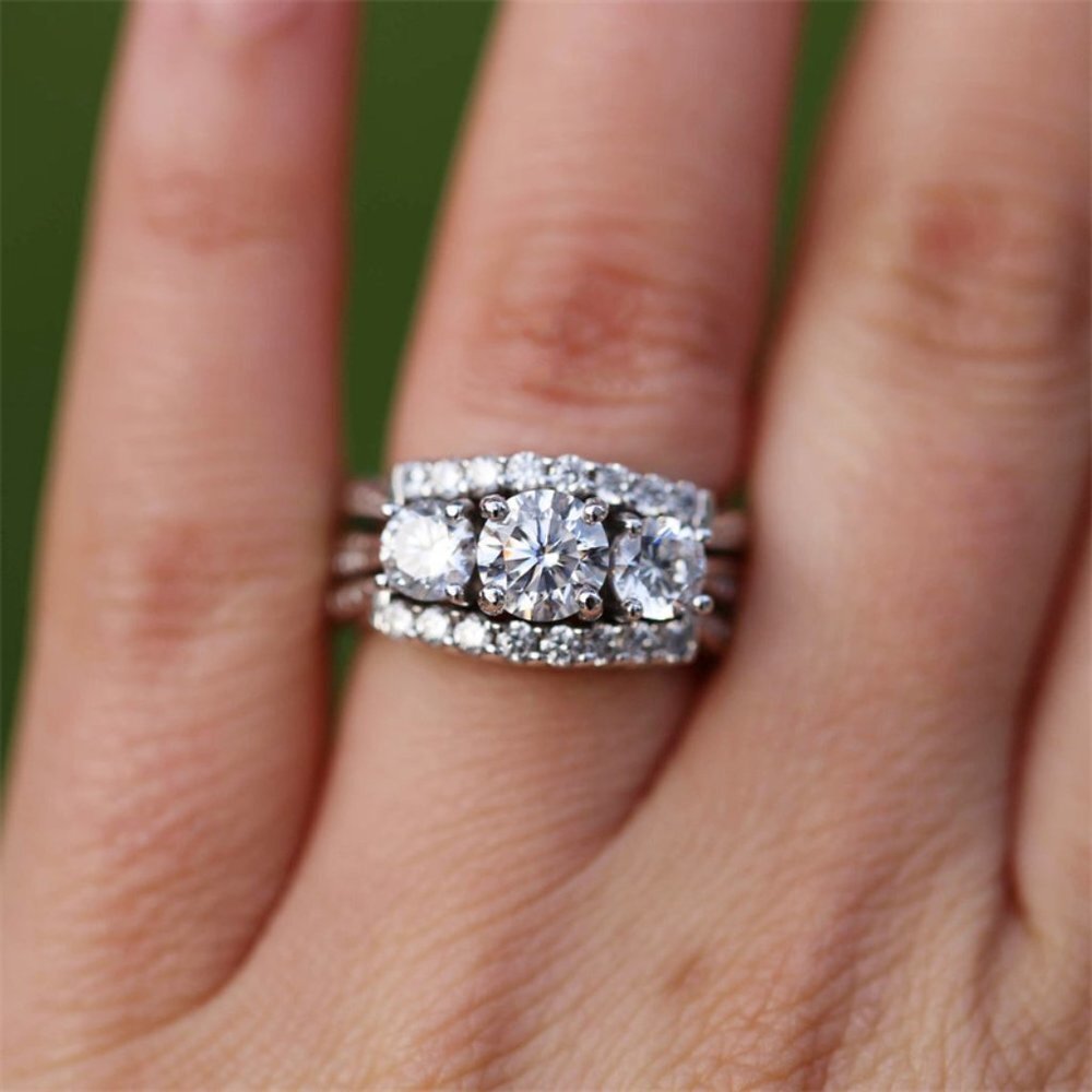 🌸925 Silver Plated Hollow Shiny 3 Layers Prong CZ Ring, MARR9358